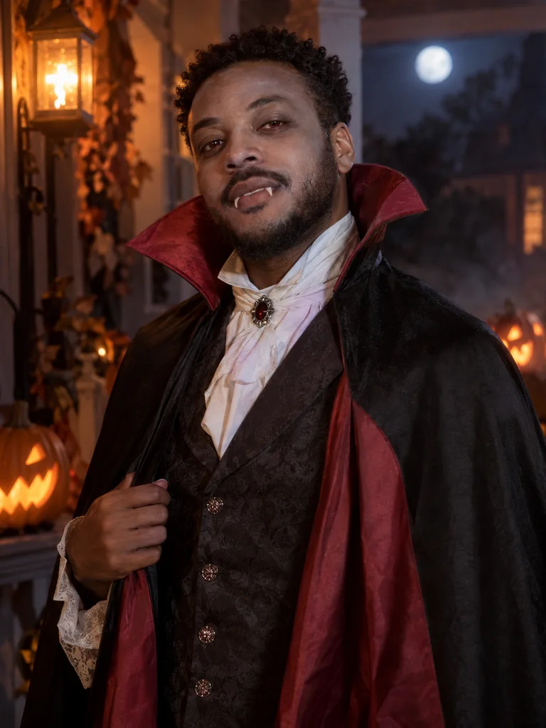 Vampire portrait for the Halloween costume generator with a red-lined cape and high collar