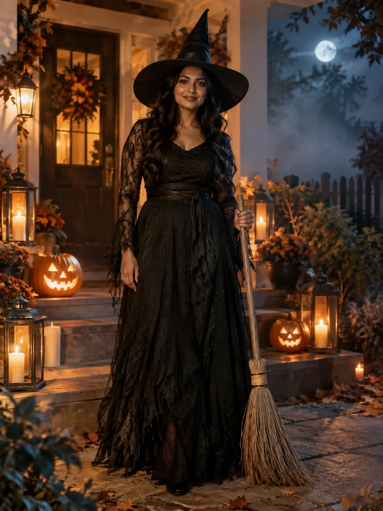 Full-length witch with broom and pointed black hat in the Halloween costume generator gallery