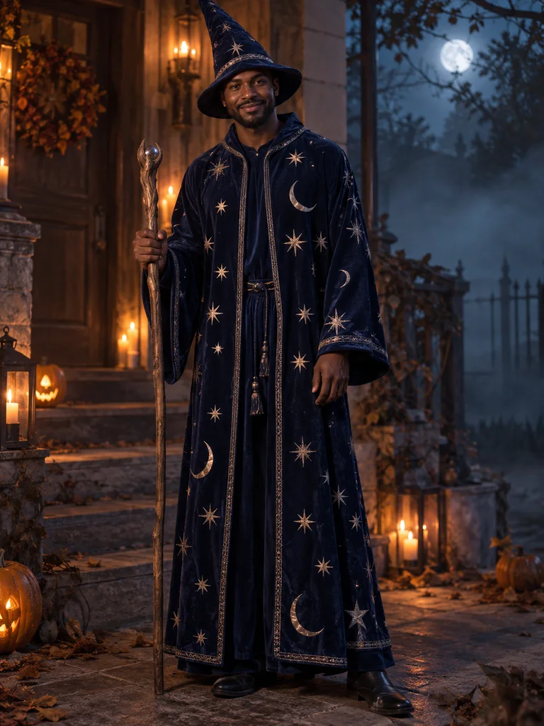Man in a star-patterned blue wizard robe holding a wooden staff at night