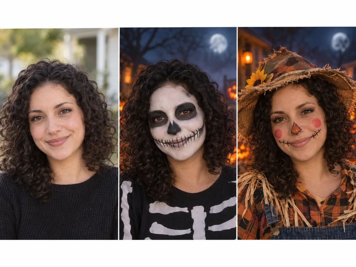 Same face three ways: plain, skeleton face paint and scarecrow makeup from the Halloween costume generator
