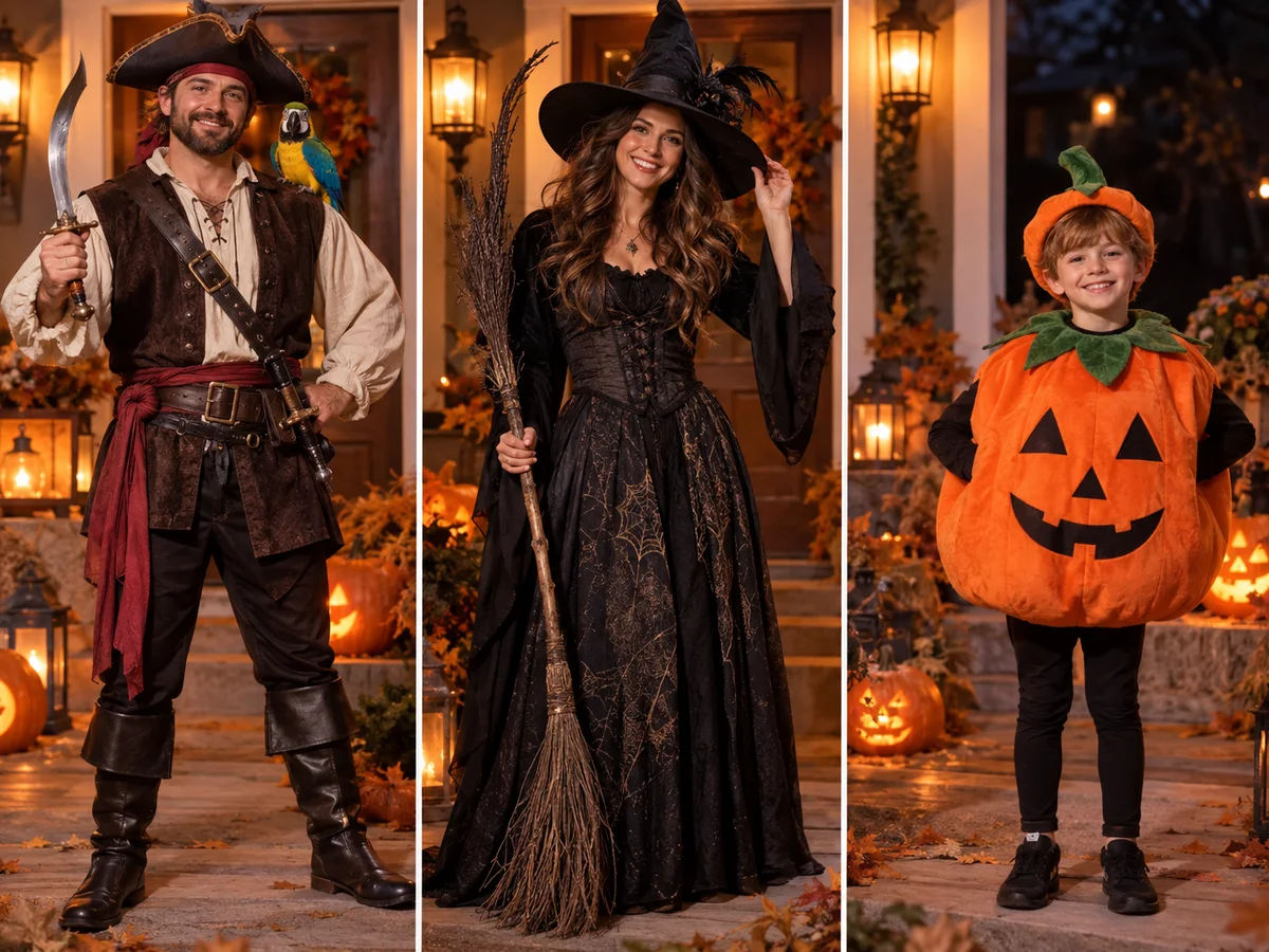 Family costume plan: father as a pirate, mother as a witch and a child as a pumpkin