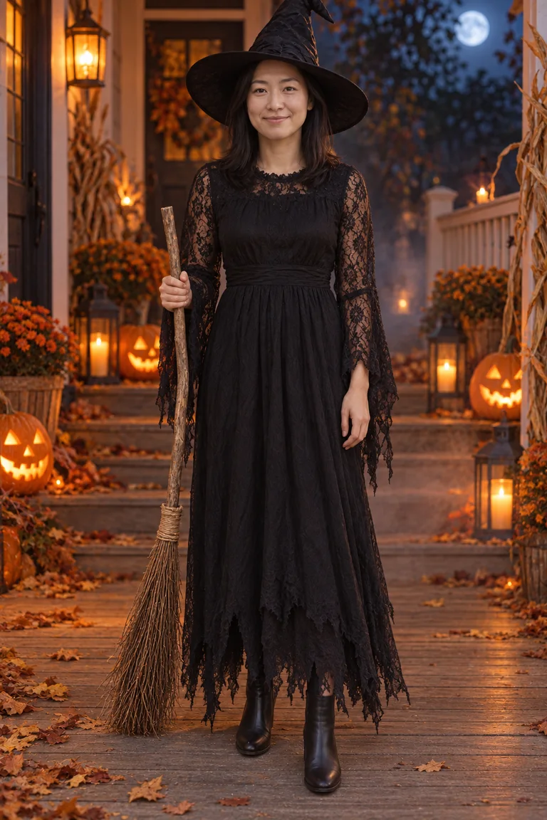 The same woman as a witch on a pumpkin porch at night, made by the AI