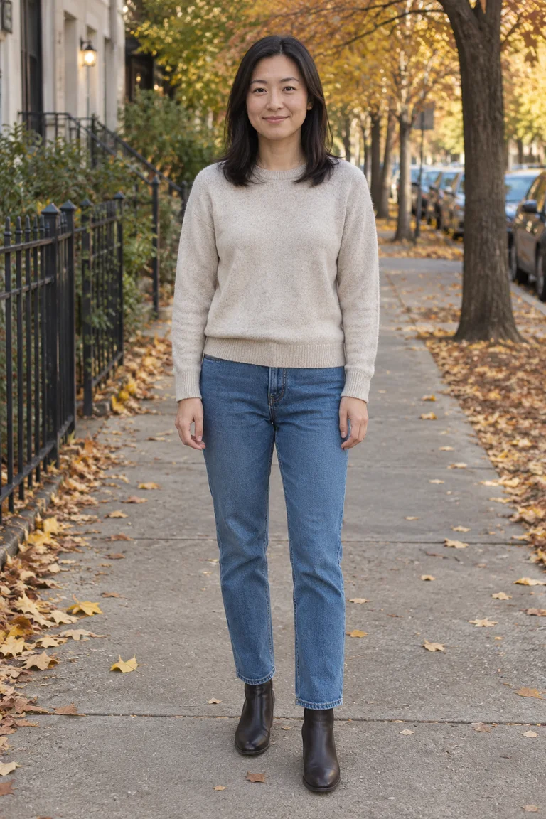 Woman in a sweater and jeans before the Halloween costume generator