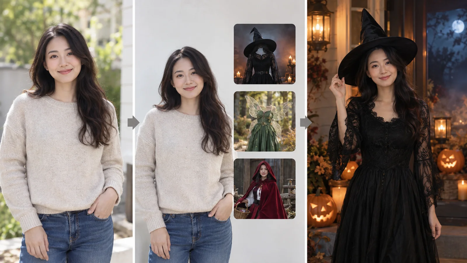 Three steps of the Halloween costume generator: photo, costume picks, finished night photo