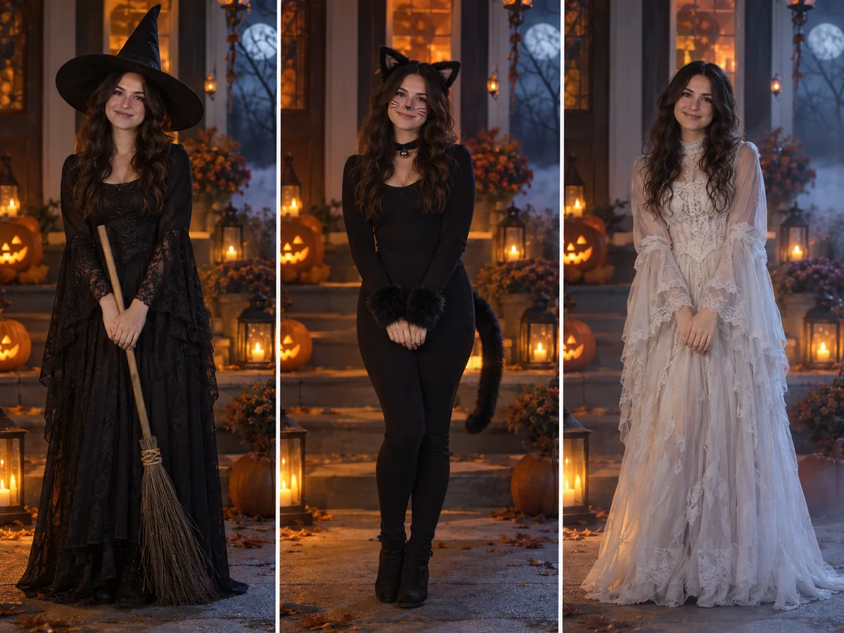 One woman shown as a witch, a black cat and a ghost side by side