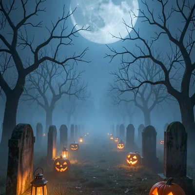 Foggy graveyard under a full moon with lanterns and carved pumpkins
