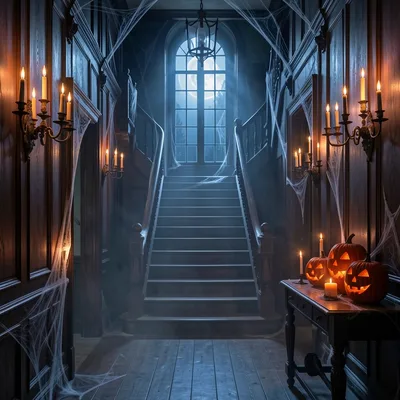 Candle-lit haunted house hallway with cobwebs and a staircase