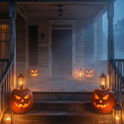 Empty wooden porch with glowing jack-o’-lanterns and fog at night
