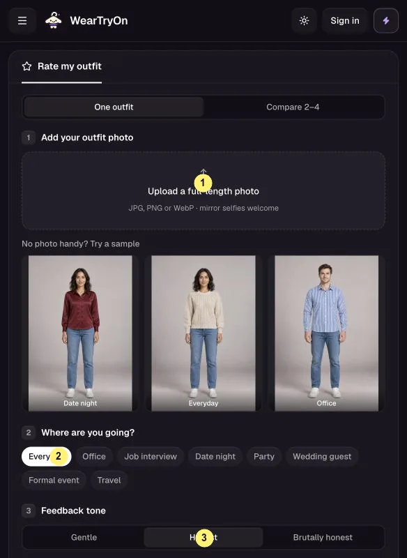WearTryOn help: AI Outfit Rater with photo upload, occasion and feedback tone marked 1 to 3