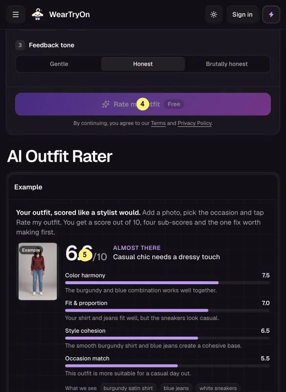 Rate my outfit button and a sample score card with four area scores marked 4 and 5