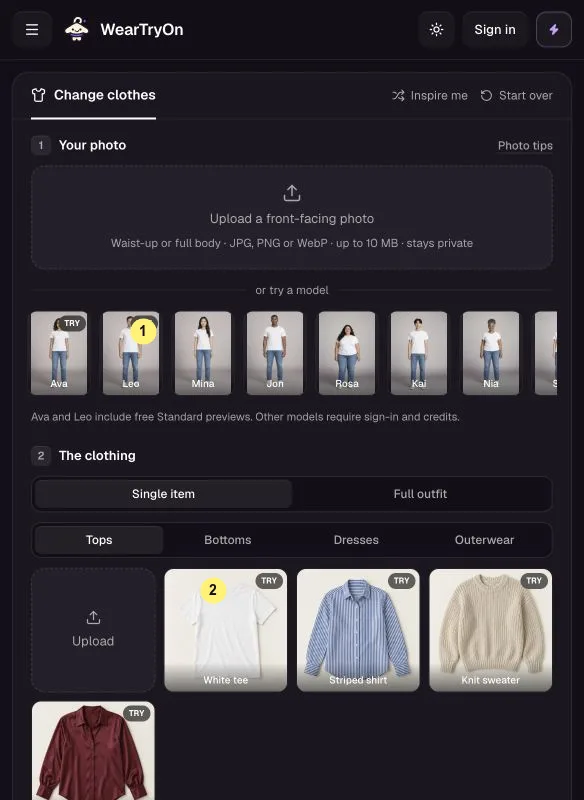 WearTryOn help: AI Clothes Changer on a phone with the model picker and garment grid marked 1 and 2