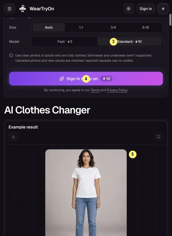 Clothes changer settings, Standard model, try-on button and example result marked 3, 4 and 5