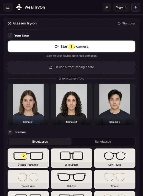 WearTryOn help: Glasses Try On with the live camera button marked 1 and frame choices marked 2