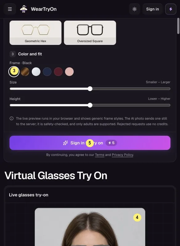 Frame color and fit controls, live glasses preview and Create AI photo button marked 3 to 5