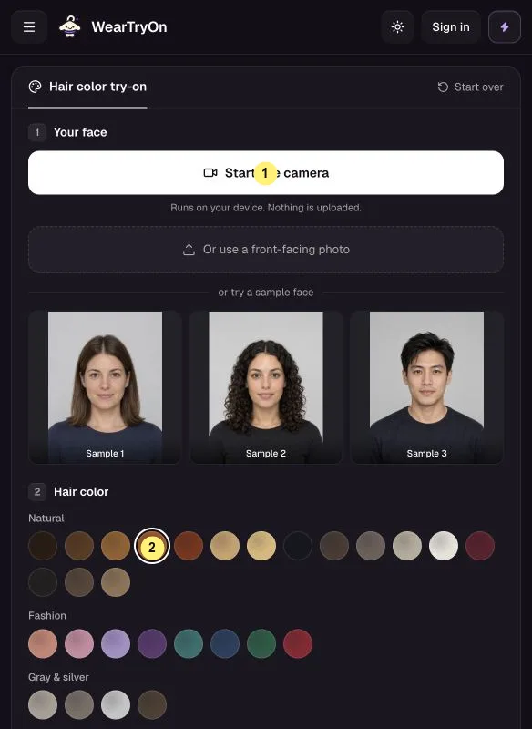 WearTryOn help: Hair Color Try On with the live camera marked 1 and hair color swatches marked 2