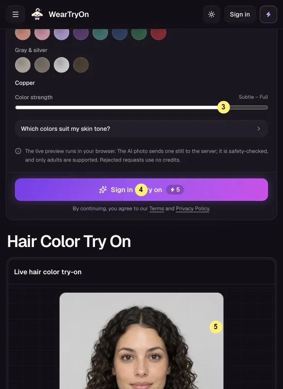 Color strength slider, Create AI photo button and live hair color preview marked 3, 4 and 5