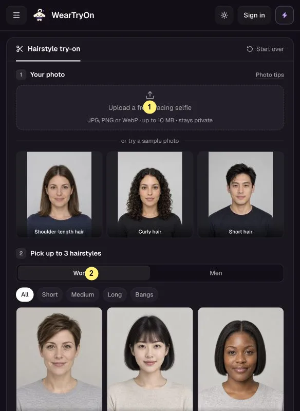 WearTryOn help: Hairstyle Try On with the selfie upload marked 1 and the style filters marked 2