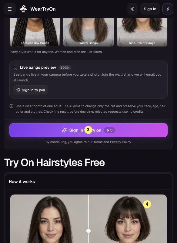 Try this hairstyle button and a sample hairstyle comparison marked 3 and 4