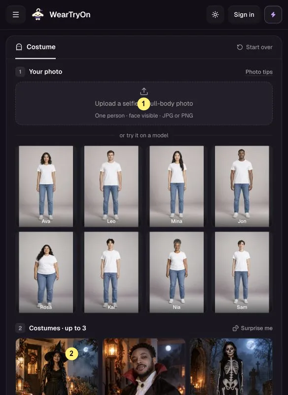 WearTryOn help: Halloween Costume Generator with photo upload marked 1 and the costume grid marked 2