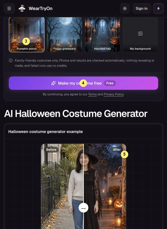 Costume background choices, free generate button and a before and after costume result marked 3 to 5