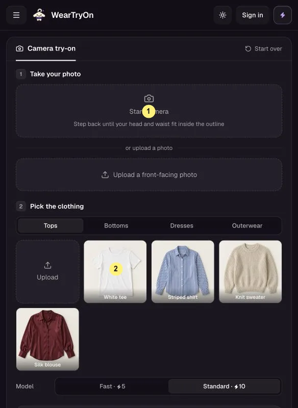 WearTryOn help: Live Try On with the Start camera button marked 1 and the clothing picker marked 2