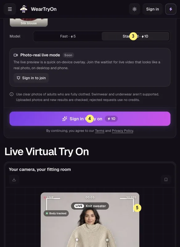 Live try-on model choice, Try it on button and the how-it-works strip marked 3, 4 and 5