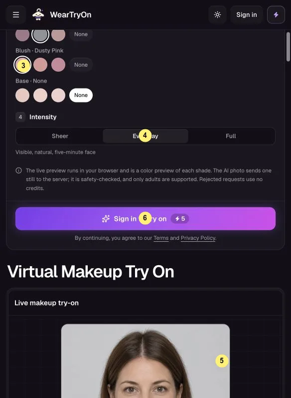 Lip and blush swatches, intensity, live makeup preview and AI photo button marked 3 to 6