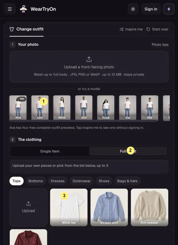 WearTryOn help: Outfit Changer with sample models, Full outfit mode and clothing categories marked 1 to 3