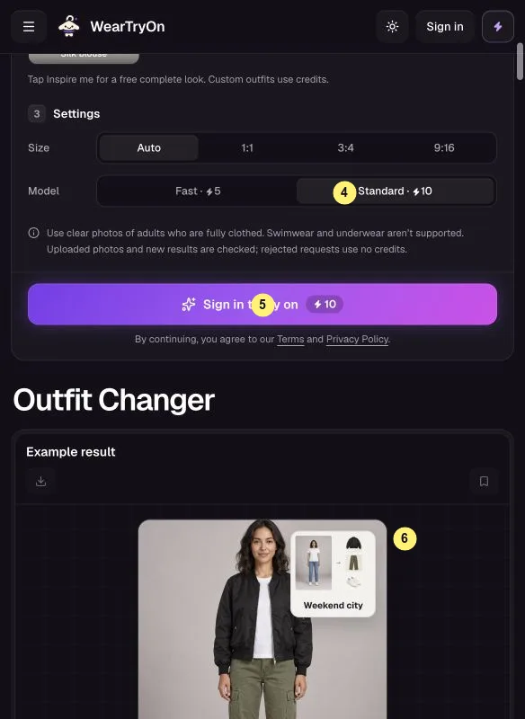 Full outfit settings, Change my outfit button and the result panel marked 4, 5 and 6