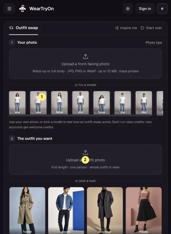 WearTryOn help: Outfit Swap screen with your photo marked 1 and the outfit you want marked 2