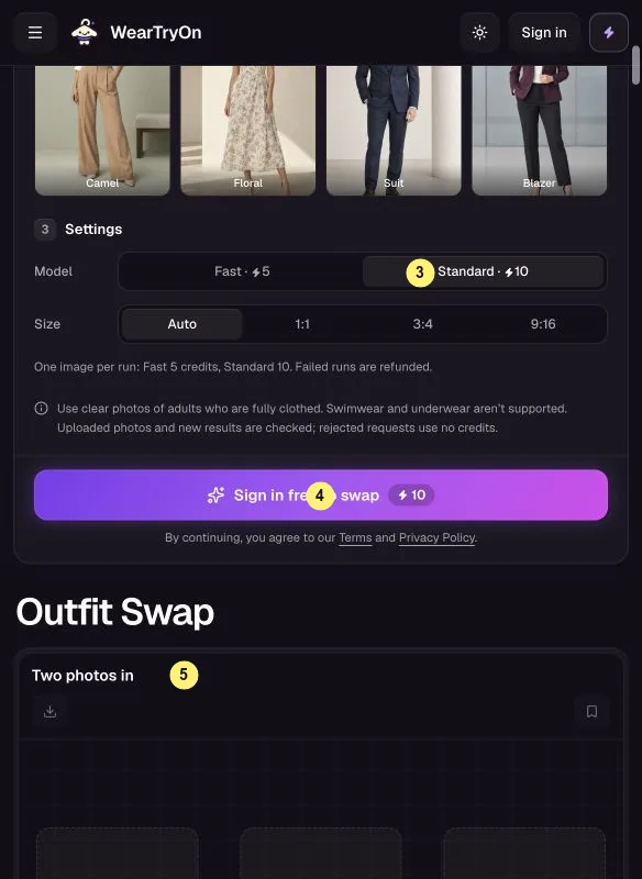 Outfit swap size and model settings, Swap outfits button and result area marked 3 to 5
