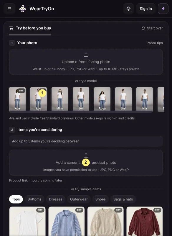 WearTryOn help: Virtual Try On with the model picker and the items you are considering marked 1 and 2