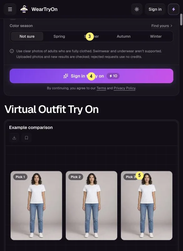 Color season option, Try it on button and side-by-side results marked 3, 4 and 5