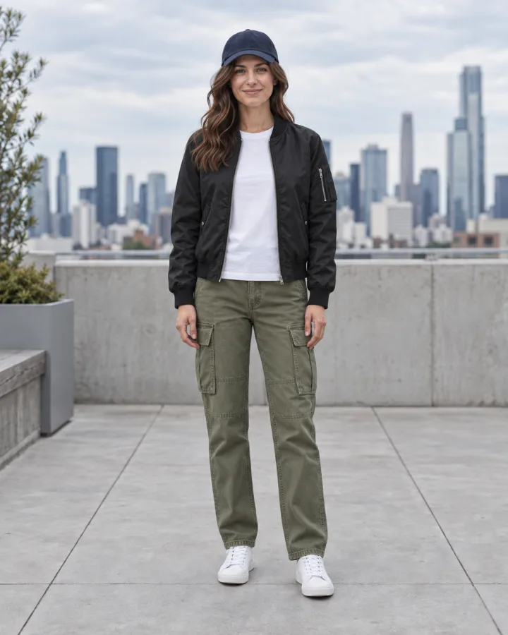 Same woman on the same rooftop wearing a black bomber jacket, olive cargo pants, white sneakers and a navy cap after an AI outfit change