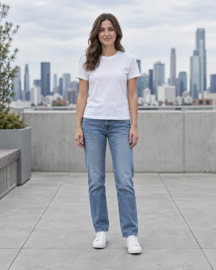 Adult woman on a rooftop wearing a white T-shirt, blue jeans and white sneakers before an AI outfit change