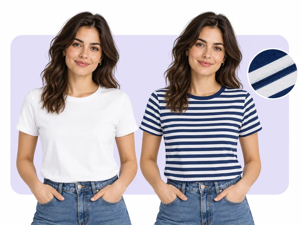 AI clothes changer before and after with the same woman changing only from a white T-shirt to a striped shirt