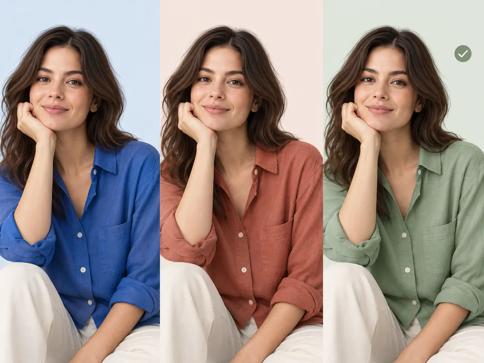 The same shirt virtually tried on in blue, terracotta and sage to compare clothing colors