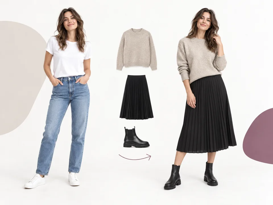 Full outfit changer replacing a T-shirt and jeans with a knit sweater, midi skirt and ankle boots