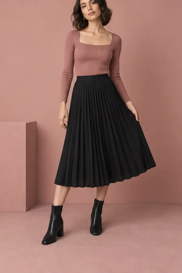 Adult model virtually trying on a midi skirt