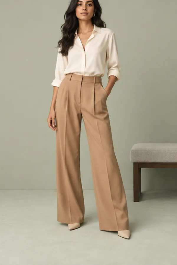 Adult model virtually trying on wide-leg pants