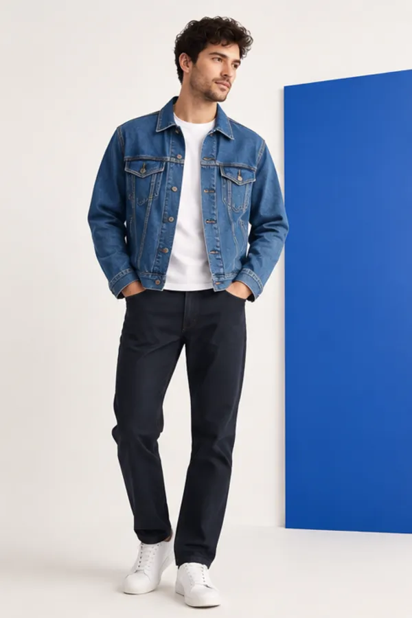 Adult model virtually trying on a denim jacket