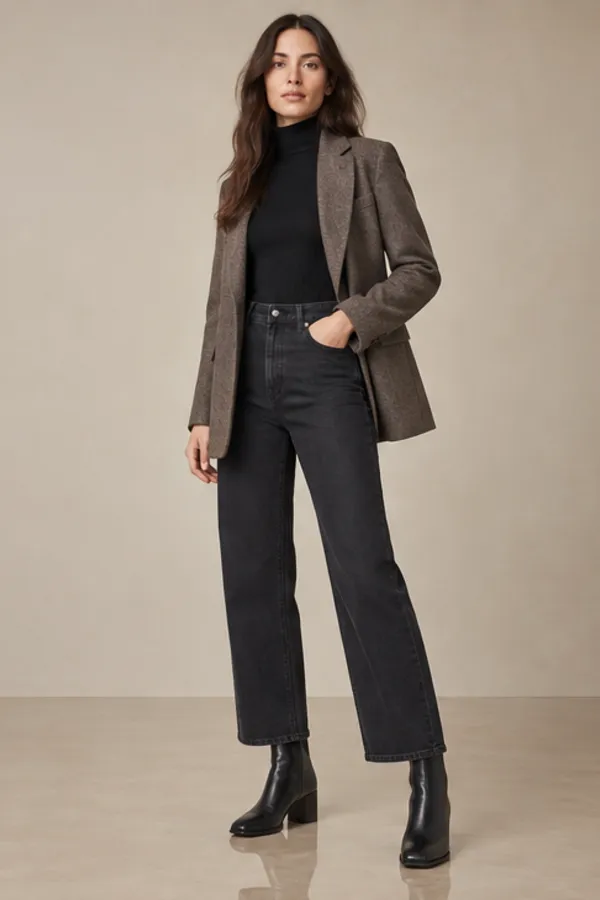 Adult model wearing ankle boots in a full outfit try-on