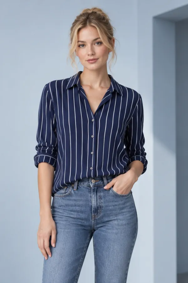 Adult model wearing a striped shirt after an AI clothes change