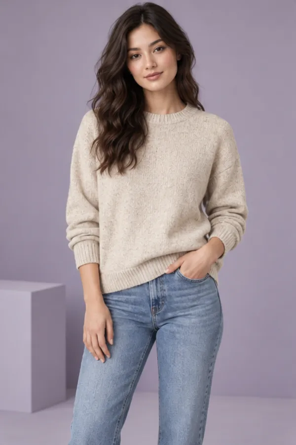 Adult model wearing knitwear after an AI clothes change
