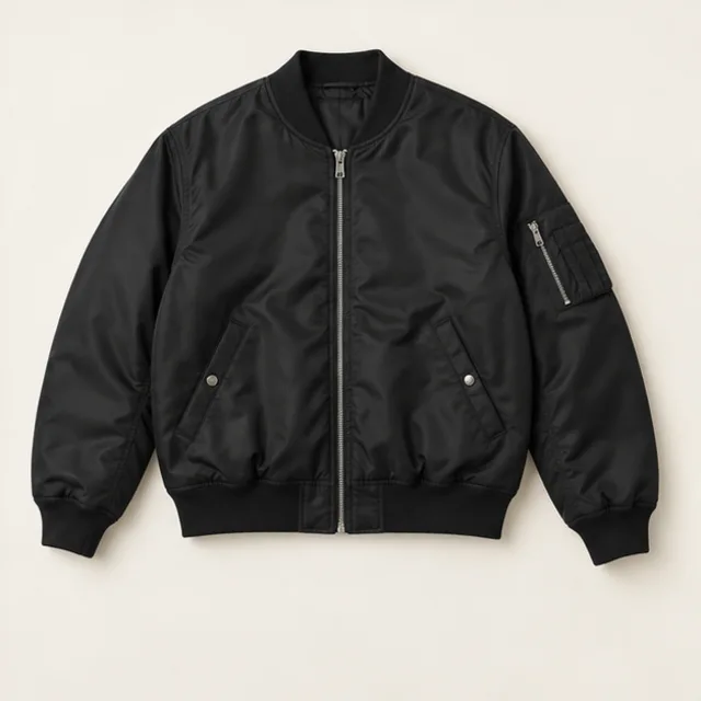 Black bomber jacket flat lay for a virtual outfit swap