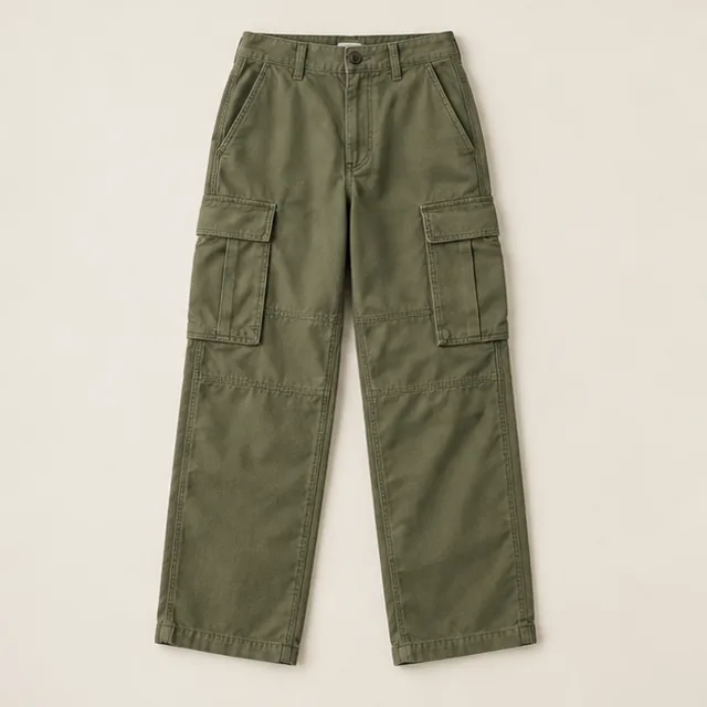 Olive green cargo pants flat lay for a virtual outfit swap