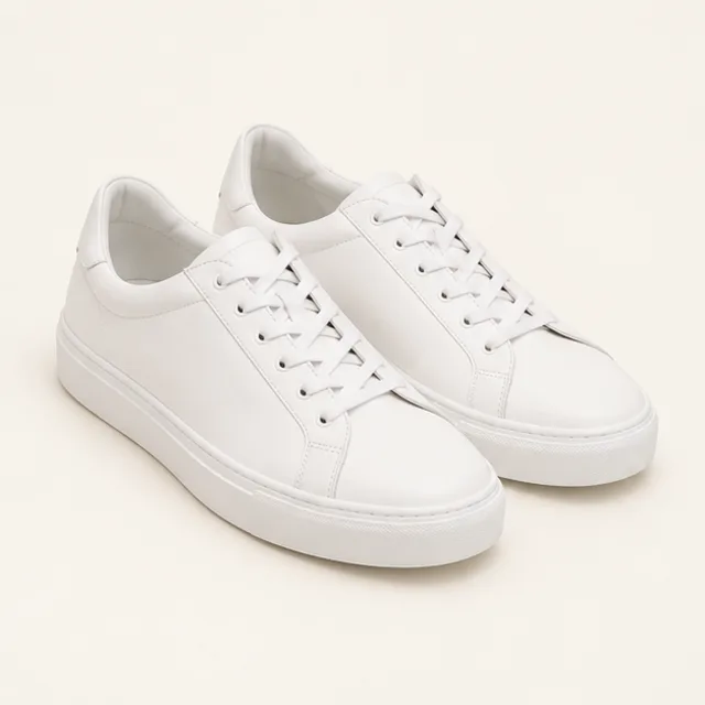 White low-top sneakers for a full outfit try-on