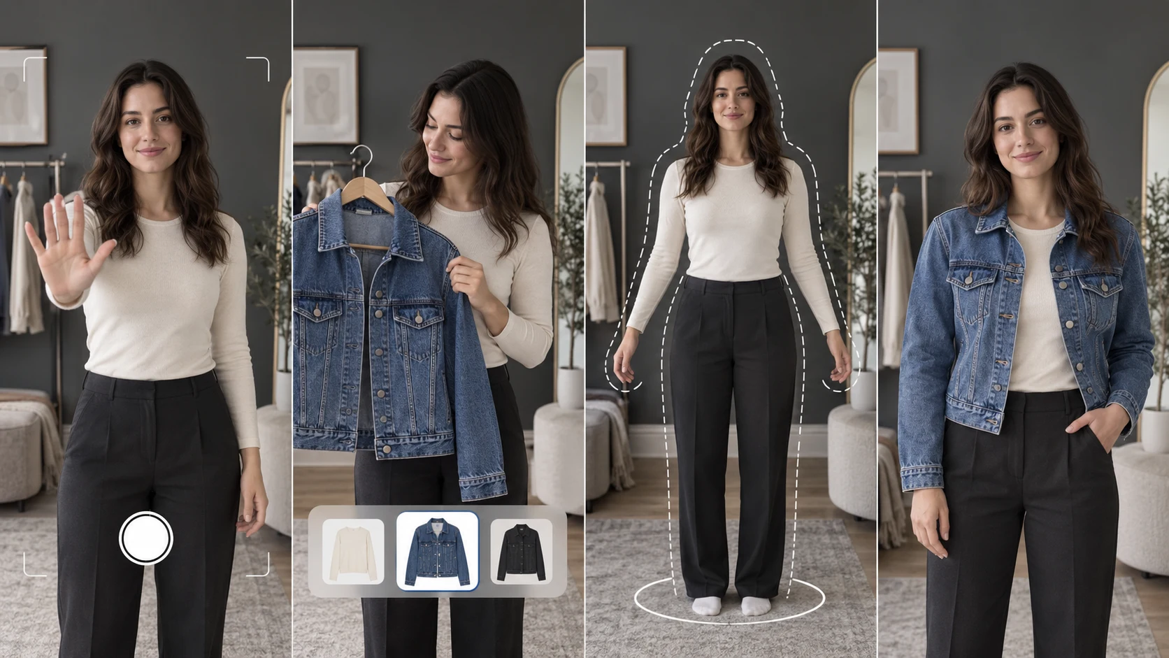 Four steps of live virtual try on: start the camera, pick a jacket, pose in the outline, get an AI photo