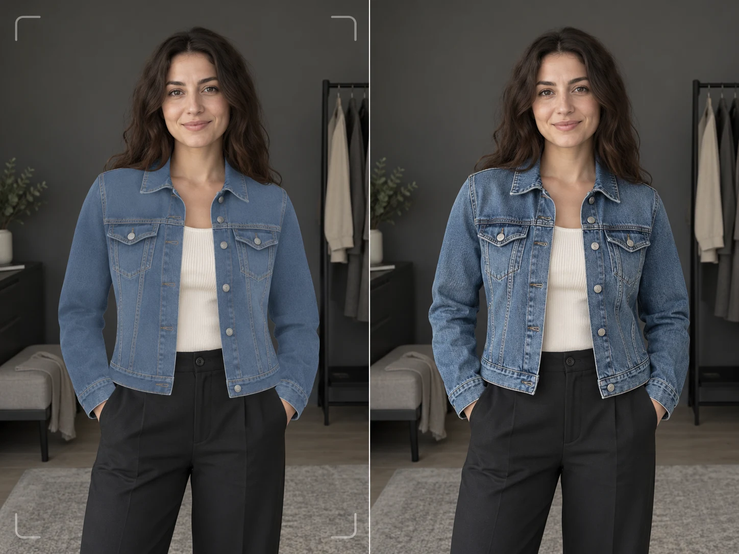 Side-by-side of a live preview overlay and the realistic AI photo of the same denim jacket