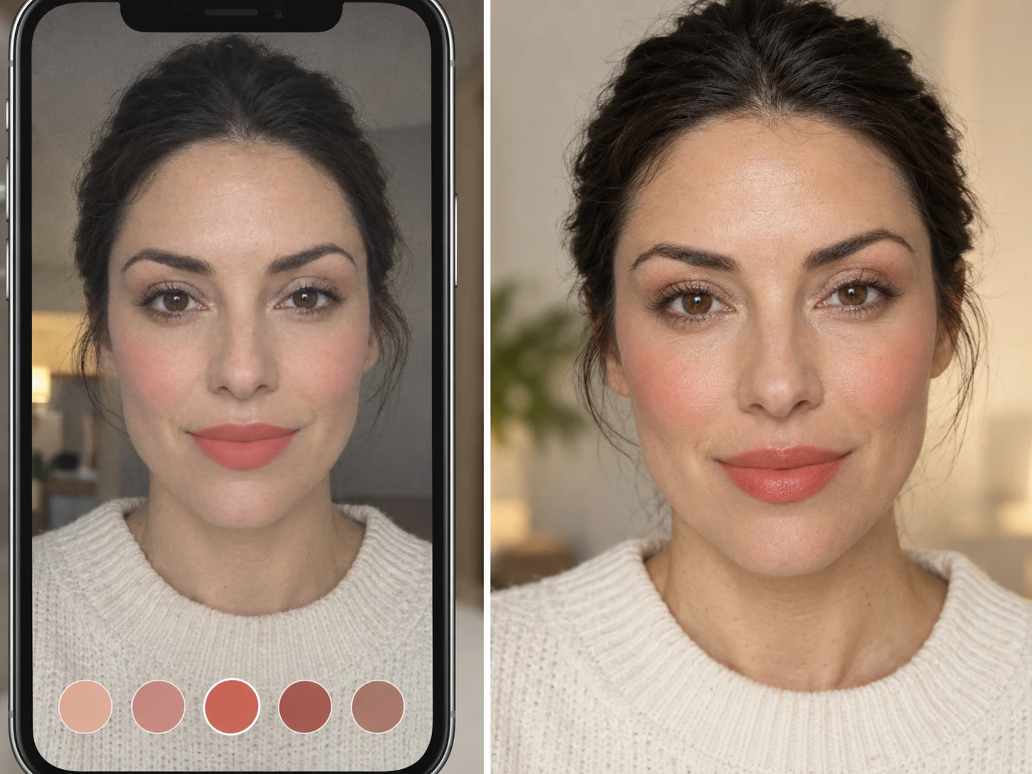 Flat live makeup preview next to a realistic AI photo of the same woman wearing the same coral look